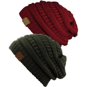 imageCC Trendy Warm Chunky Soft Stretch Cable Knit Beanie Skully 2 PackBurgundyDark Olive