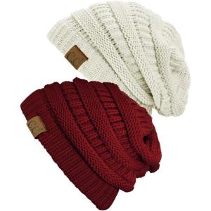 imageCC Trendy Warm Chunky Soft Stretch Cable Knit Beanie Skully 2 PackBurgundyIvory