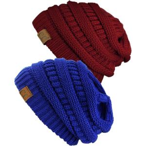 imageCC Trendy Warm Chunky Soft Stretch Cable Knit Beanie Skully 2 PackBurgundyRoyal