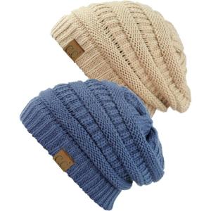 imageCC Trendy Warm Chunky Soft Stretch Cable Knit Beanie Skully 2 PackDark BeigeDark Denim