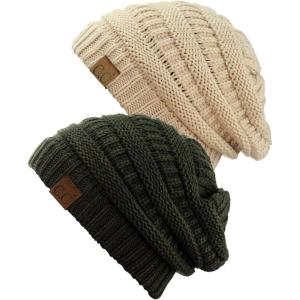 imageCC Trendy Warm Chunky Soft Stretch Cable Knit Beanie Skully 2 PackDark BeigeDark Olive