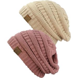 imageCC Trendy Warm Chunky Soft Stretch Cable Knit Beanie Skully 2 PackDark BeigeMauve