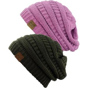 imageCC Trendy Warm Chunky Soft Stretch Cable Knit Beanie Skully 2 PackDark OliveNew Lavender