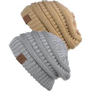 imageCC Trendy Warm Chunky Soft Stretch Cable Knit Beanie Skully 2 PackGoldSilver
