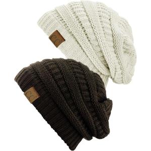 imageCC Trendy Warm Chunky Soft Stretch Cable Knit Beanie Skully 2 PackIvoryBrown