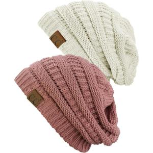 imageCC Trendy Warm Chunky Soft Stretch Cable Knit Beanie Skully 2 PackIvoryMauve