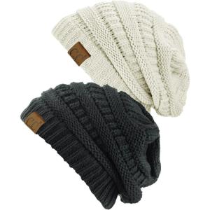 imageCC Trendy Warm Chunky Soft Stretch Cable Knit Beanie Skully 2 PackIvoryMelange Gray