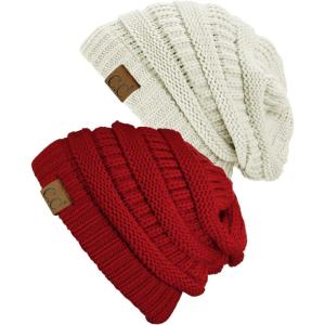 imageCC Trendy Warm Chunky Soft Stretch Cable Knit Beanie Skully 2 PackIvoryRed
