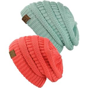 imageCC Trendy Warm Chunky Soft Stretch Cable Knit Beanie Skully 2 PackMintCoral