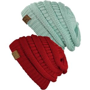 imageCC Trendy Warm Chunky Soft Stretch Cable Knit Beanie Skully 2 PackMintRed