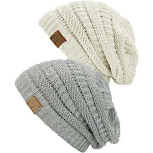 imageCC Trendy Warm Chunky Soft Stretch Cable Knit Beanie Skully 2 PackNatural GrayIvory
