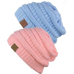 imageCC Trendy Warm Chunky Soft Stretch Cable Knit Beanie Skully 2 PackPale PinkPale Blue