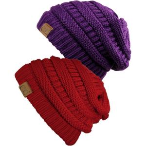 imageCC Trendy Warm Chunky Soft Stretch Cable Knit Beanie Skully 2 PackRedDeep Purple