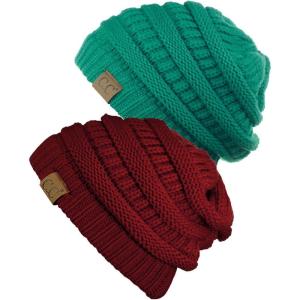 imageCC Trendy Warm Chunky Soft Stretch Cable Knit Beanie Skully 2 PackSea GreenBurgundy
