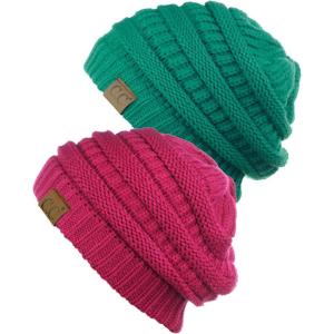 imageCC Trendy Warm Chunky Soft Stretch Cable Knit Beanie Skully 2 PackSea GreenHot Pink
