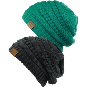 imageCC Trendy Warm Chunky Soft Stretch Cable Knit Beanie Skully 2 PackSea GreenMelange Gray