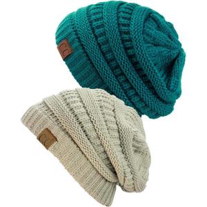 imageCC Trendy Warm Chunky Soft Stretch Cable Knit Beanie Skully 2 PackTealBeige
