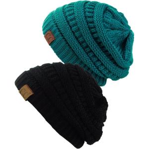 imageCC Trendy Warm Chunky Soft Stretch Cable Knit Beanie Skully 2 PackTealBlack