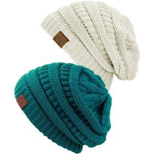 imageCC Trendy Warm Chunky Soft Stretch Cable Knit Beanie Skully 2 PackTealIvory