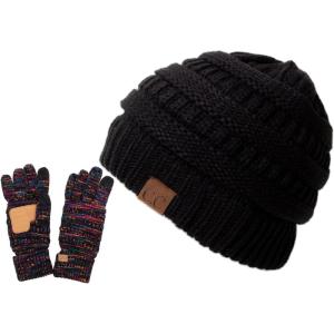imageCC Unisex Chunky Soft Stretch Cable Knit Warm Fuzzy Lined Skully Beanie Black with G816 32