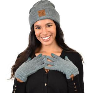 imageCC Unisex EcoFriendly Recycled Yarn Cuff Beanie and Touchscreen Gloves 2 Pc SetHeather Forest