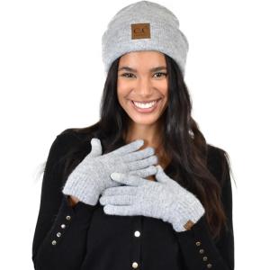 imageCC Unisex EcoFriendly Recycled Yarn Cuff Beanie and Touchscreen Gloves 2 Pc SetHeather Light Melange Gray