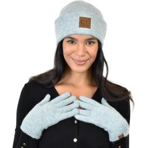 imageCC Unisex EcoFriendly Recycled Yarn Cuff Beanie and Touchscreen Gloves 2 Pc SetHeather Mint