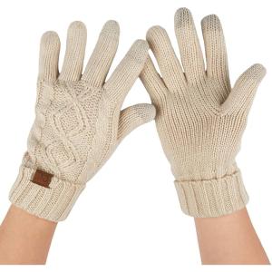 imageCC Unisex Knit Thick Warm Soft Stretch Fuzzy Lined Solid Ribbed Glove with Smart Tips G25G707Cable Knitbeige