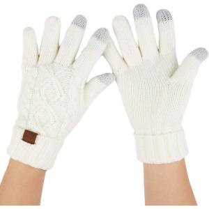 imageCC Unisex Knit Thick Warm Soft Stretch Fuzzy Lined Solid Ribbed Glove with Smart Tips G25G707Cable Knitivory