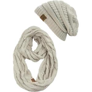 imageCC Unisex Soft Stretch Chunky Cable Knit Beanie and Infinity Loop Scarf SetBeige