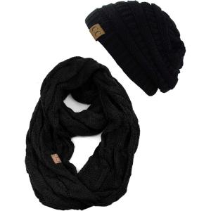 imageCC Unisex Soft Stretch Chunky Cable Knit Beanie and Infinity Loop Scarf SetBlack