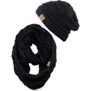 imageCC Unisex Soft Stretch Chunky Cable Knit Beanie and Infinity Loop Scarf SetBlack Metallic