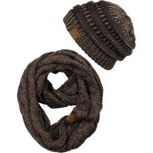 imageCC Unisex Soft Stretch Chunky Cable Knit Beanie and Infinity Loop Scarf SetBrown Metallic