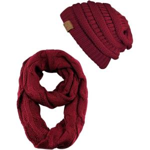 imageCC Unisex Soft Stretch Chunky Cable Knit Beanie and Infinity Loop Scarf SetBurgundy