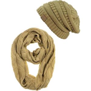 imageCC Unisex Soft Stretch Chunky Cable Knit Beanie and Infinity Loop Scarf SetCamel