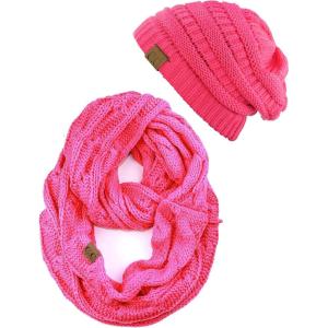 imageCC Unisex Soft Stretch Chunky Cable Knit Beanie and Infinity Loop Scarf SetCandy Pink