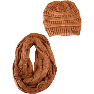 imageCC Unisex Soft Stretch Chunky Cable Knit Beanie and Infinity Loop Scarf SetClay