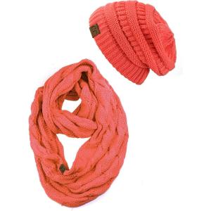 imageCC Unisex Soft Stretch Chunky Cable Knit Beanie and Infinity Loop Scarf SetCoral
