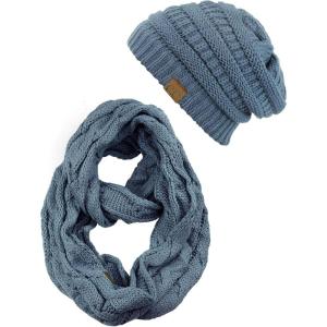 imageCC Unisex Soft Stretch Chunky Cable Knit Beanie and Infinity Loop Scarf SetDark Denim