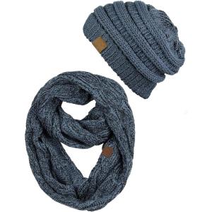 imageCC Unisex Soft Stretch Chunky Cable Knit Beanie and Infinity Loop Scarf SetDark Denim Metallic
