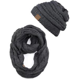 imageCC Unisex Soft Stretch Chunky Cable Knit Beanie and Infinity Loop Scarf SetDark Melange Gray Metallic