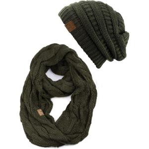 imageCC Unisex Soft Stretch Chunky Cable Knit Beanie and Infinity Loop Scarf SetDark Olive