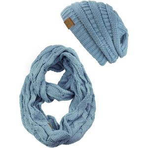 imageCC Unisex Soft Stretch Chunky Cable Knit Beanie and Infinity Loop Scarf SetDenim