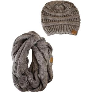 imageCC Unisex Soft Stretch Chunky Cable Knit Beanie and Infinity Loop Scarf SetEarth Grey