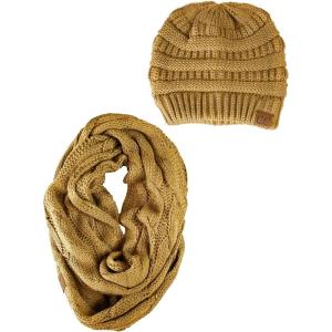 imageCC Unisex Soft Stretch Chunky Cable Knit Beanie and Infinity Loop Scarf SetGolden Walnut