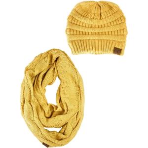 imageCC Unisex Soft Stretch Chunky Cable Knit Beanie and Infinity Loop Scarf SetHoney Mustard