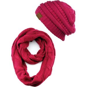imageCC Unisex Soft Stretch Chunky Cable Knit Beanie and Infinity Loop Scarf SetHot Pink