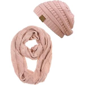 imageCC Unisex Soft Stretch Chunky Cable Knit Beanie and Infinity Loop Scarf SetIndi Pink