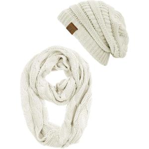 imageCC Unisex Soft Stretch Chunky Cable Knit Beanie and Infinity Loop Scarf SetIvory