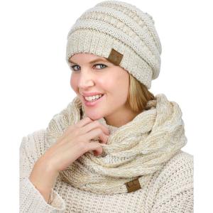 imageCC Unisex Soft Stretch Chunky Cable Knit Beanie and Infinity Loop Scarf SetIvoryGold Metallic